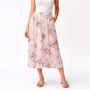 Vintage Clio Gingham Floral Print Maxi Skirt Size Medium Pink White Ivory Button